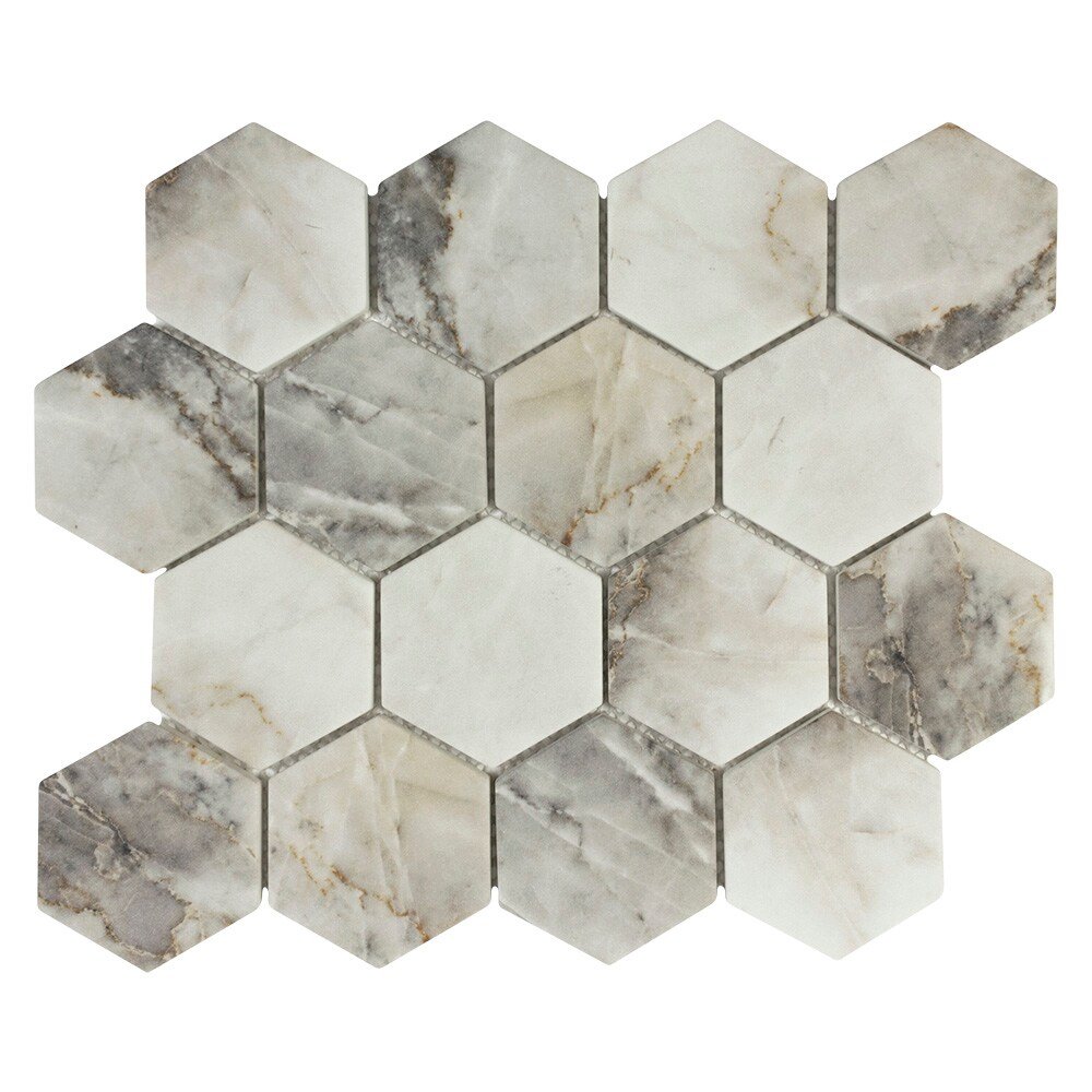 Elida Ceramica Stoneridge Hex White Gray 10-in x 12-in Matte Recycled glass Hexagon Mosaic Floor and Wall Tile (0.851-sq ft Piece) - Image 5