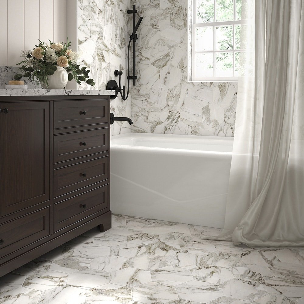 Arabescato 8-in x 9-in Matte Porcelain Hexagon Floor and Wall Tile ( 9.024-sq ft Carton) - Image 6