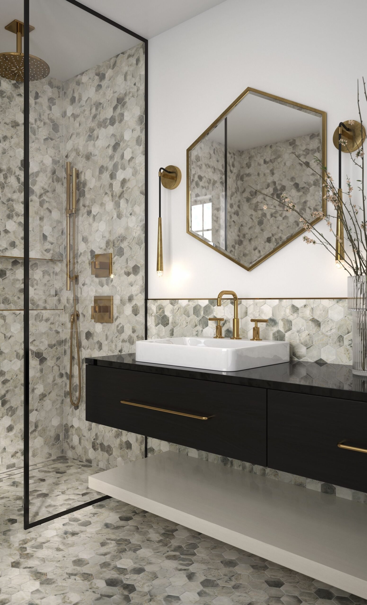 Elida Ceramica Stoneridge Hex White Gray 10-in x 12-in Matte Recycled glass Hexagon Mosaic Floor and Wall Tile (0.851-sq ft Piece) - Image 2