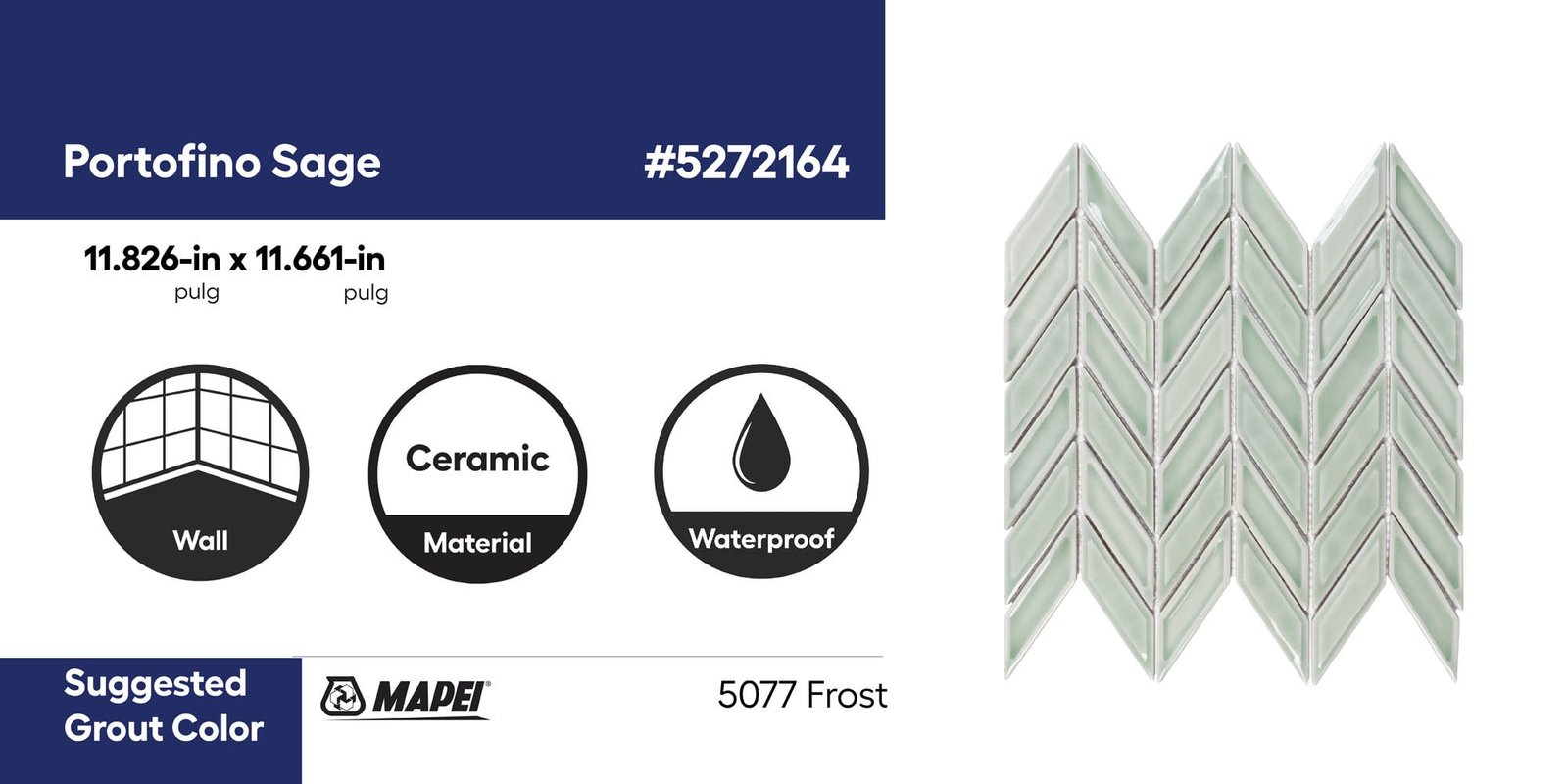Boutique Portofino Sage Green 11-in x 12-in Glazed Ceramic Chevron Mosaic Wall Tile (0.957-sq ft Piece) - Image 4