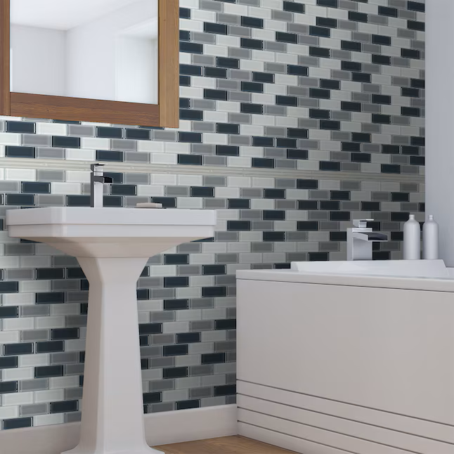 Elida Ceramica Pure Deep Sea 12-in x 12-in Glossy Glass Patterned Linear Mosaic Wall Tile (0.953-sq ft Piece) - Image 5